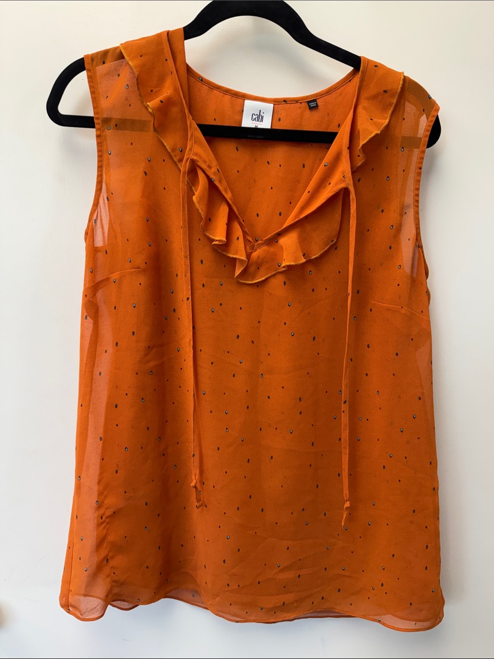 CAbi Orange Sheer Ruffle V-Neck Camisole with Tiny Dot Detail